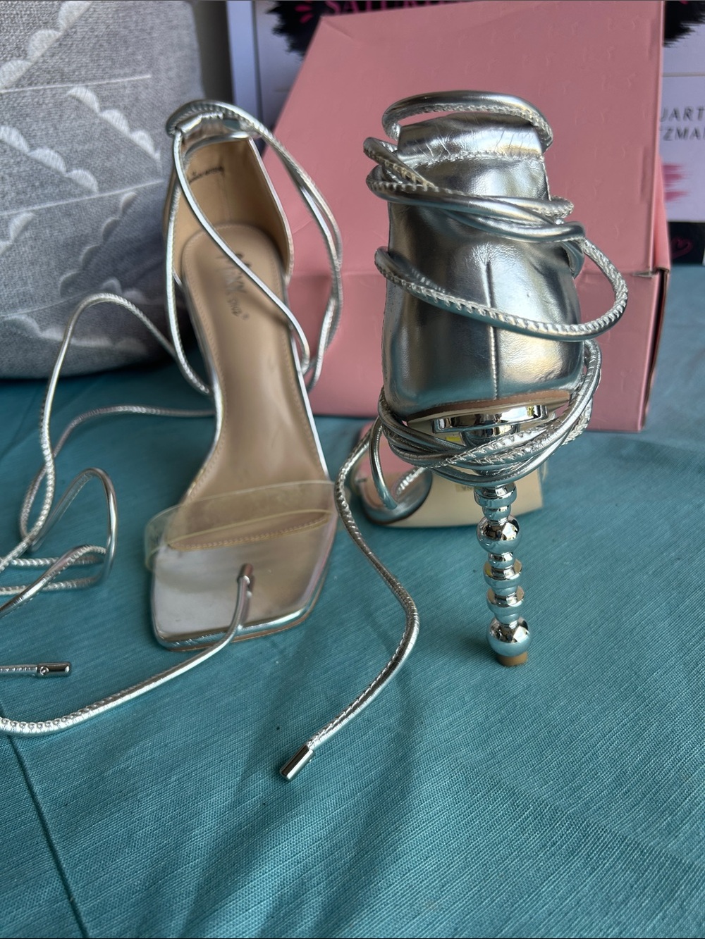 Mixx Shuz Silver Metallic Beaded-Stem Lace-Up Heels